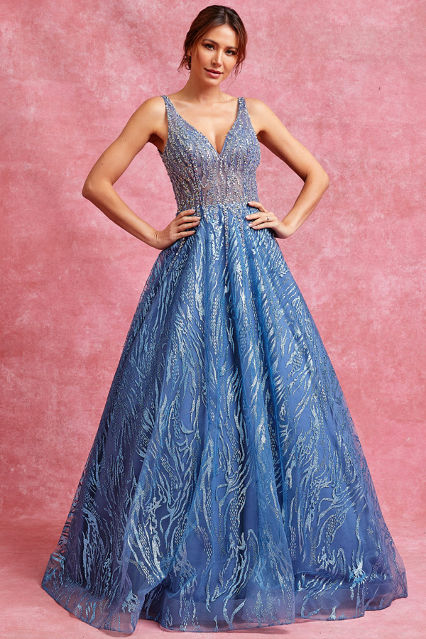Sleeveless V Neck Illusion Top Ball Gown